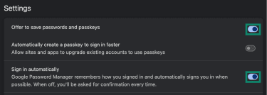 Google Password Manager auto-save and auto-sign-in toggles.