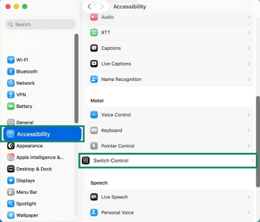 macOS Accessibility settings with "Switch Control" highlighted.