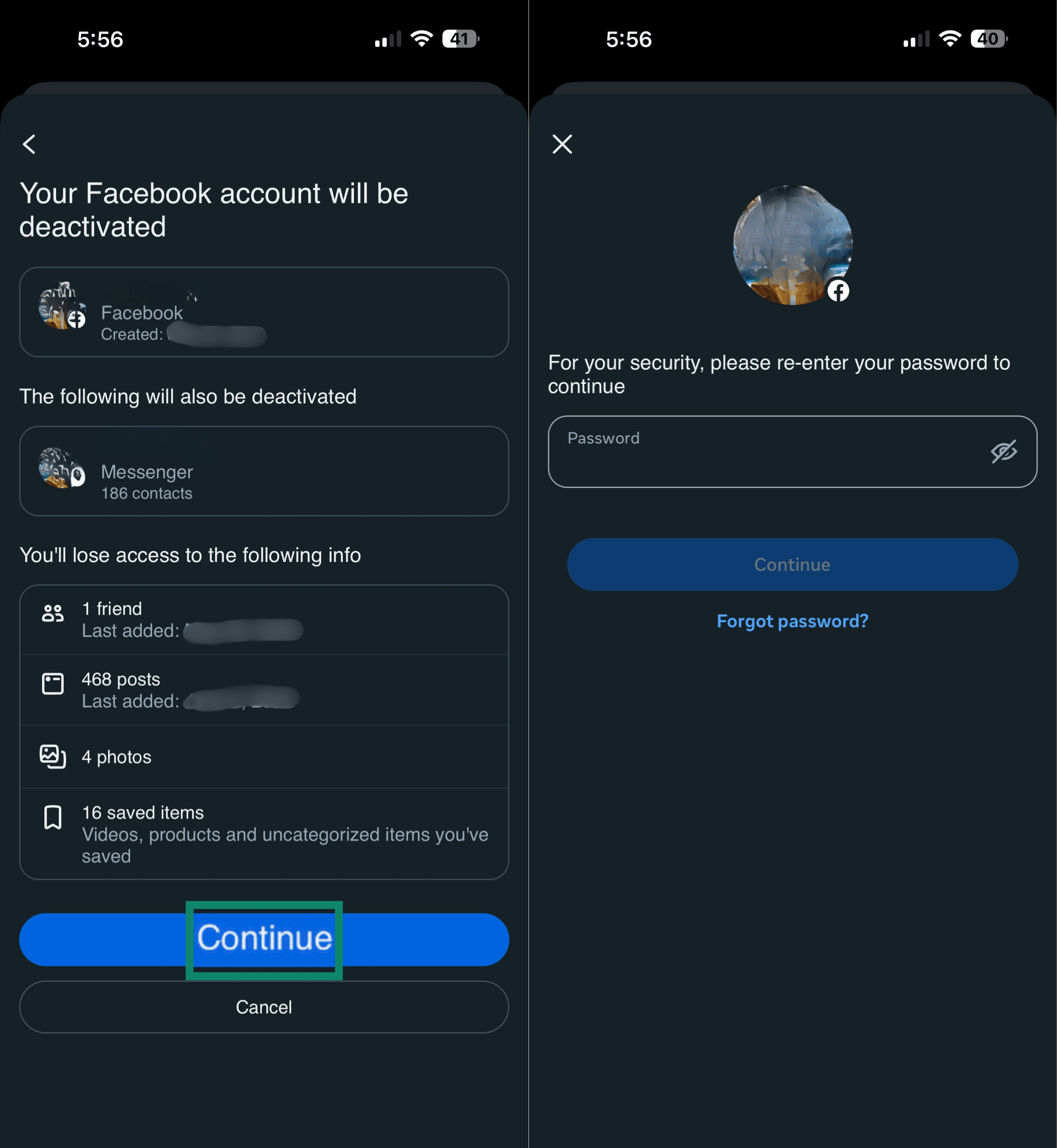 Page de confirmation de la désactivation de votre compte Facebook, présentant un aperçu des informations auxquelles l’utilisateur n’aura plus accès et un champ de mot de passe à remplir avant la désactivation.