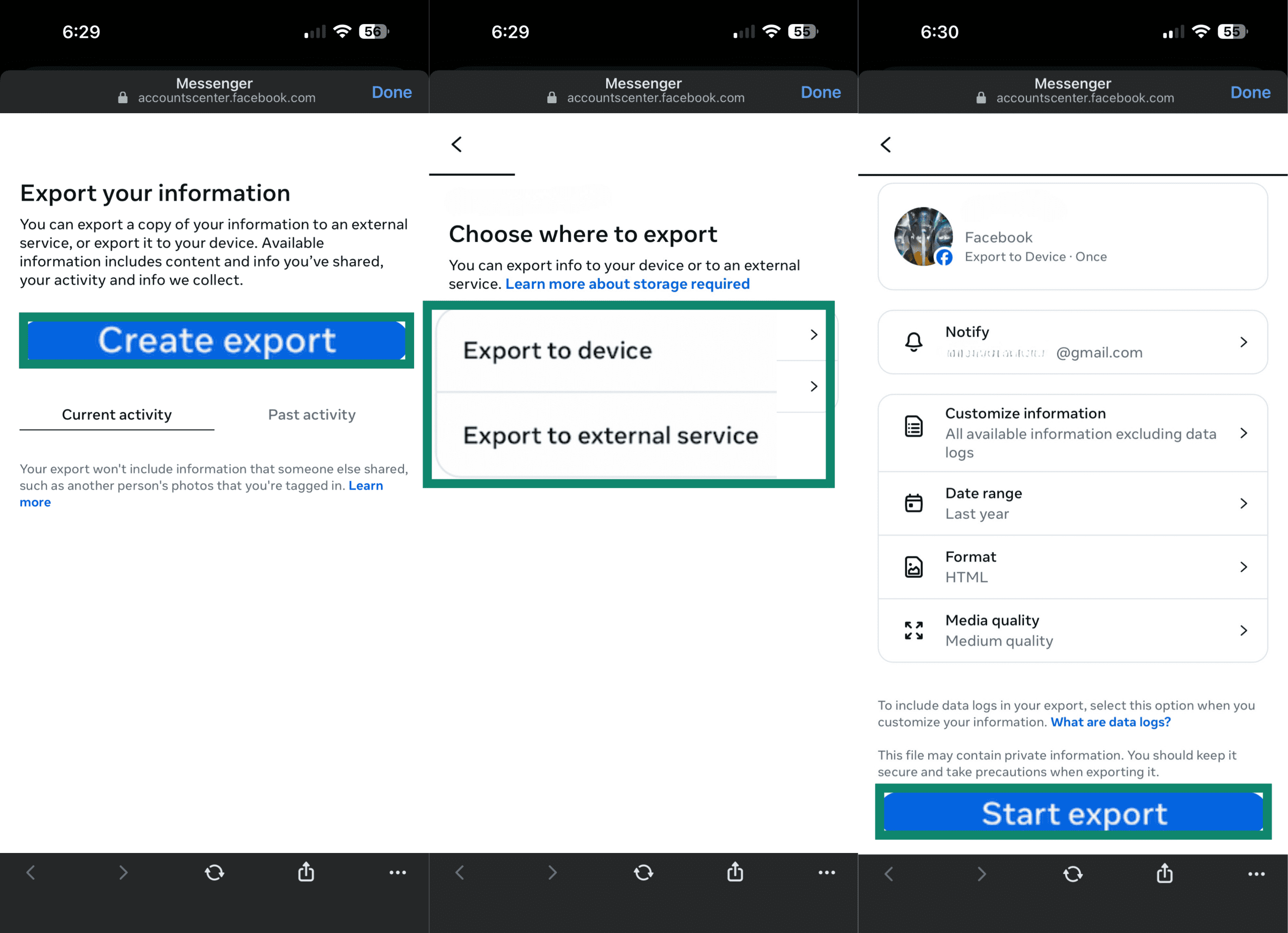 L’outil Exporter vos informations de Facebook en action.