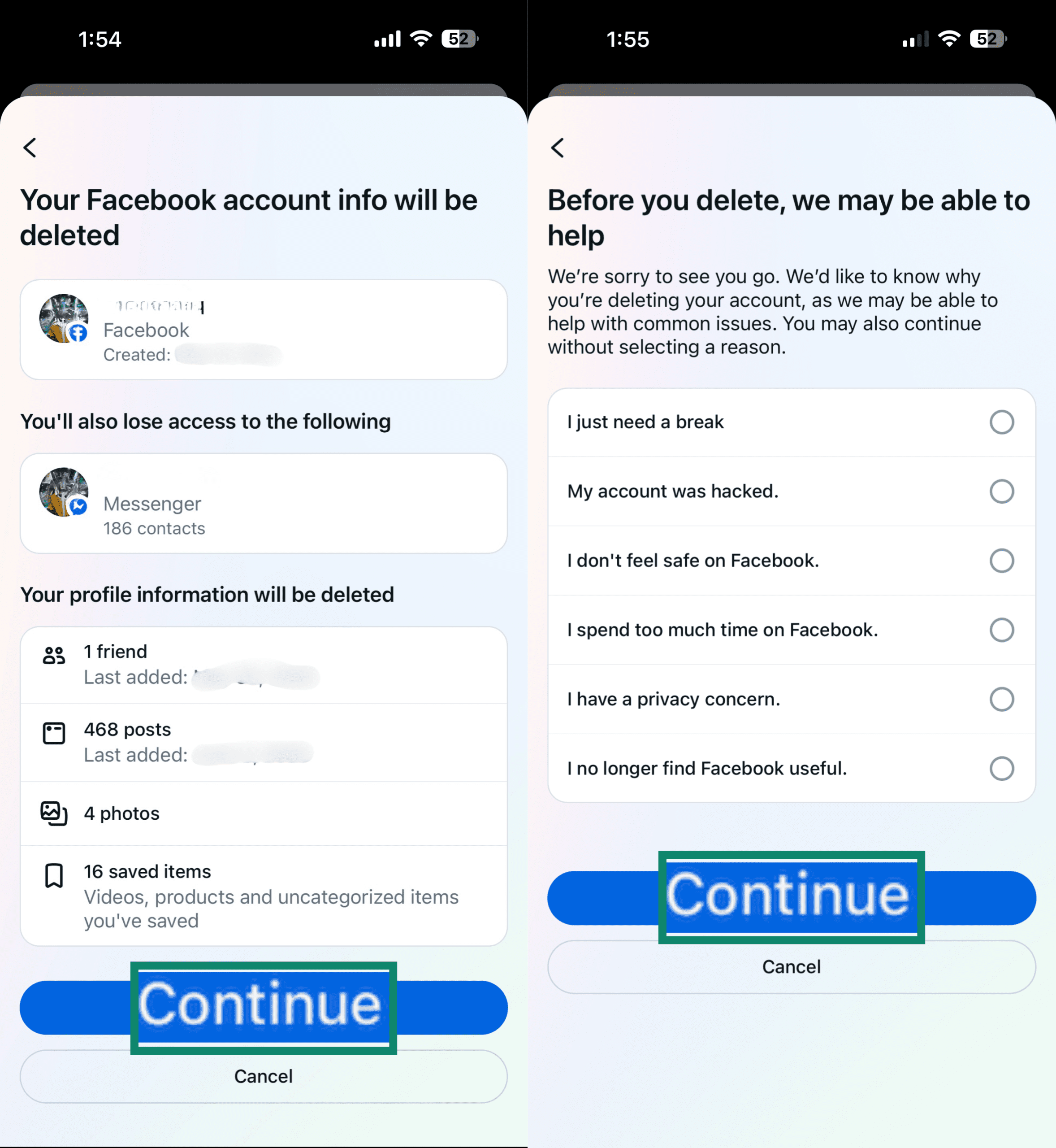 Fenêtre de confirmation lors de la suppression d’un compte Facebook sur mobile et demande de Facebook concernant le motif de la suppression.