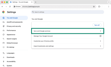 Chrome's Settings panel with the Sync and Google Services option highlighted.