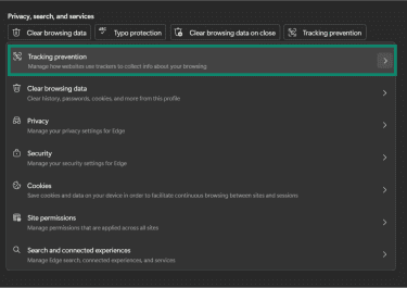 The "Tracking prevention" option in Edge.