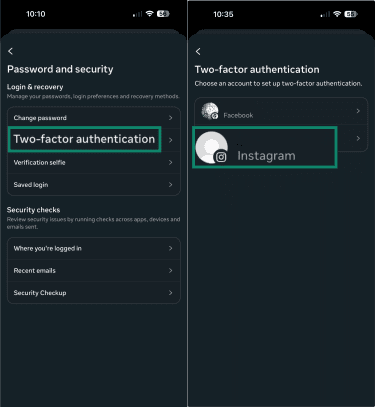 Instagram's two-factor authentication settings.