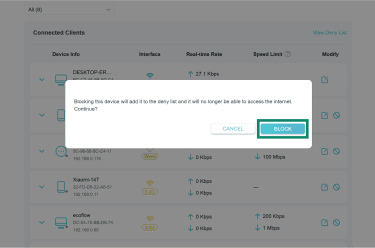 TP-Link router confirmation popup showing the Block button to deny a device’s internet access.