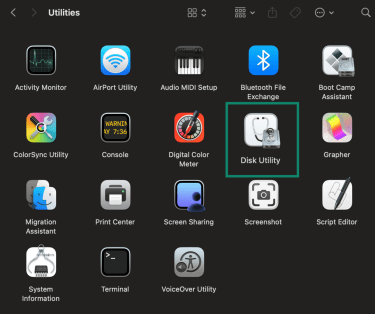 "Disk Utility" app highlighted on macOS.