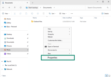 "Properties" option highlighted in the right-click menu inside a folder in Windows 11.