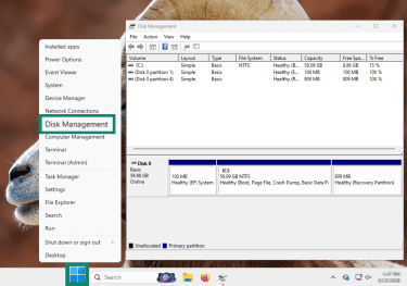 "Disk Management" option highlighted in Windows 11.