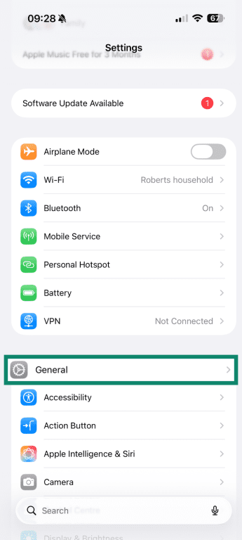 General settings on iPhone.