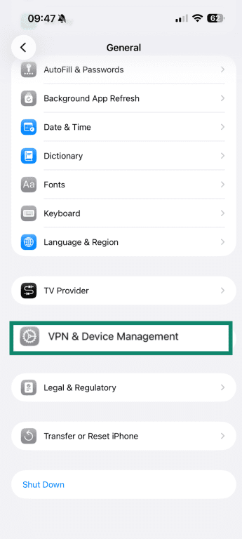 VPN & Device Management settings on iPhone.