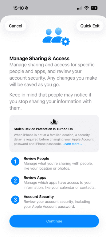 Manage & Sharing Access settings on iPhone.