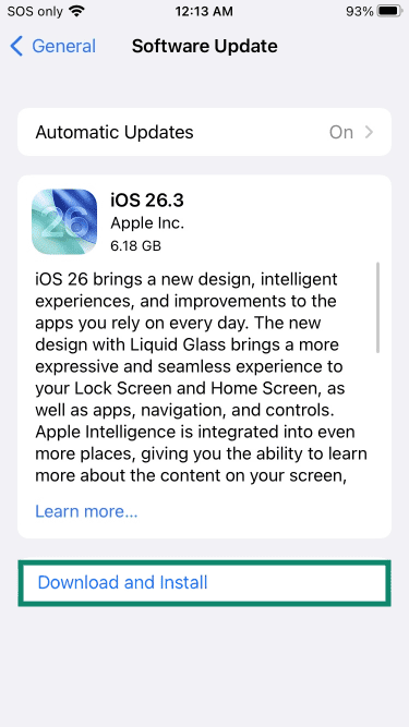 iPhone Software Update page with Download and install highlighted.