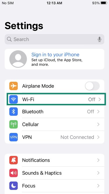 iPhone settings menu with Wi-Fi highlighted.