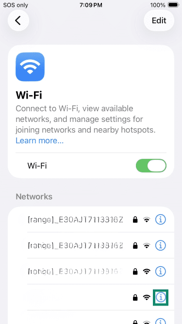 iPhone Wi-Fi page with the "i" icon next to a network highlighted.