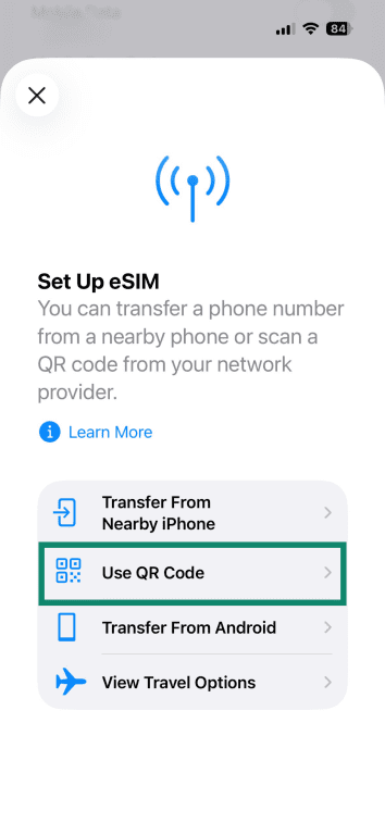 The "Set Up eSIM" window, with the "Use QR Code" option highlighted.