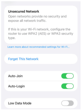 iOS Wi-Fi security information and settings.