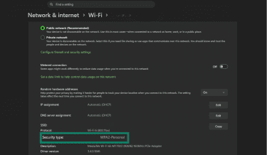 Security type listed for the connected Wi-Fi network in Windows Network & internet settings.