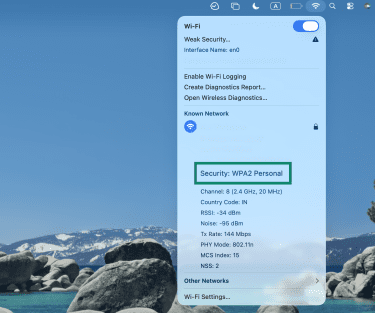 Security type listed for the connected Wi-Fi network in macOS.