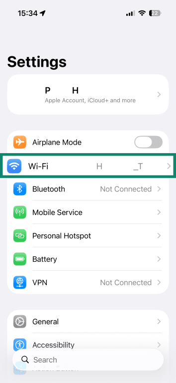 iPhone Settings screen with Wi-Fi highlighted, showing the current wireless network selected.