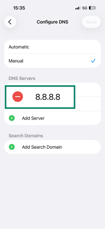 iPhone Configure DNS screen displaying 8.8.8.8 added under DNS Servers.