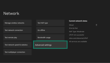 The Xbox network settings menu, showing the advanced settings option.