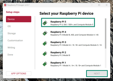 Screenshot showing the Raspberry Pi device selection menu in the Raspberry Pi OS setup.