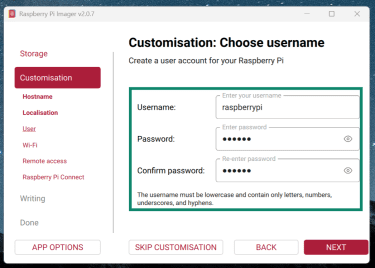 Screenshot showing the account setup menu in the Raspberry Pi OS setup.