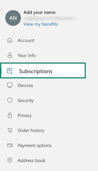 Subscription settings on Microsoft account.