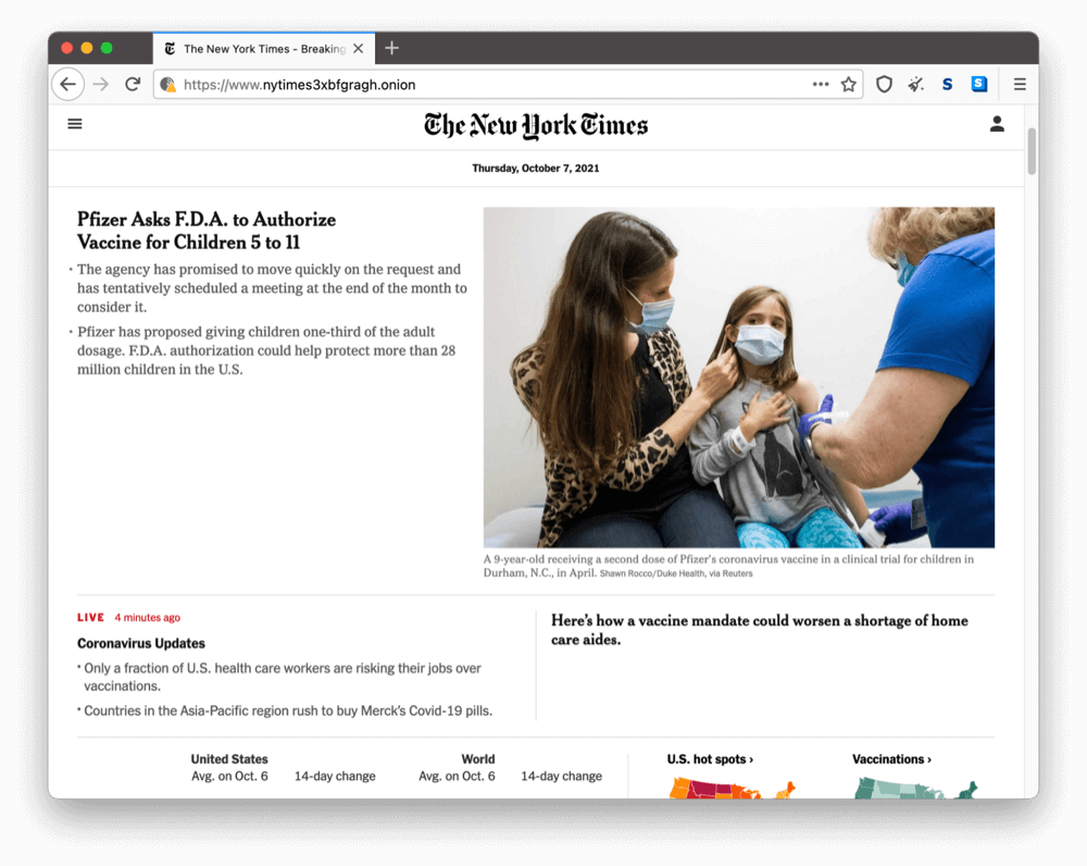 The New York Timesのダークウェブ上のオニオンサイト