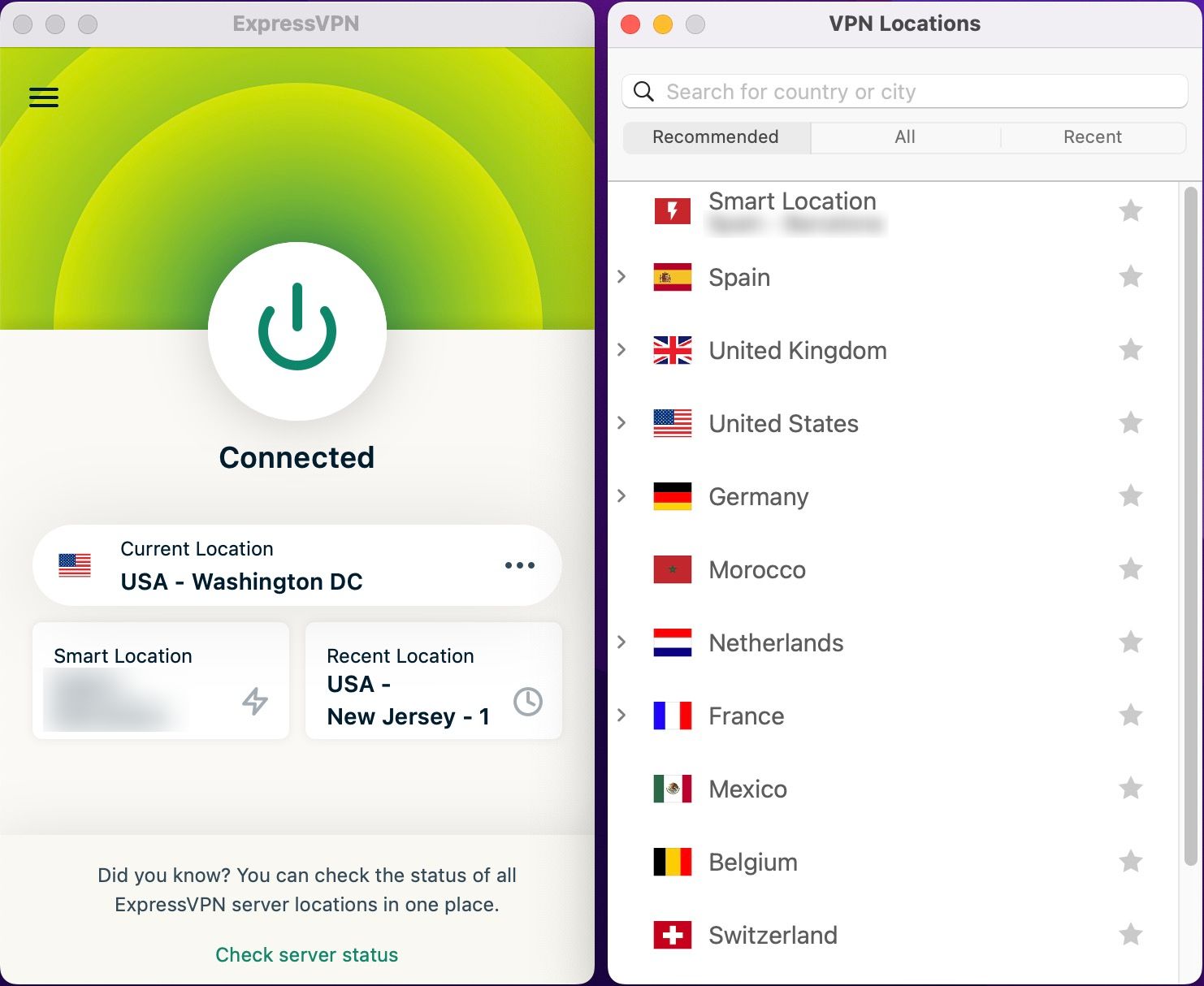 Screenshot: Server-Übersicht in der ExpressVPN-App zum Wechsel Ihres virtuellen Standorts