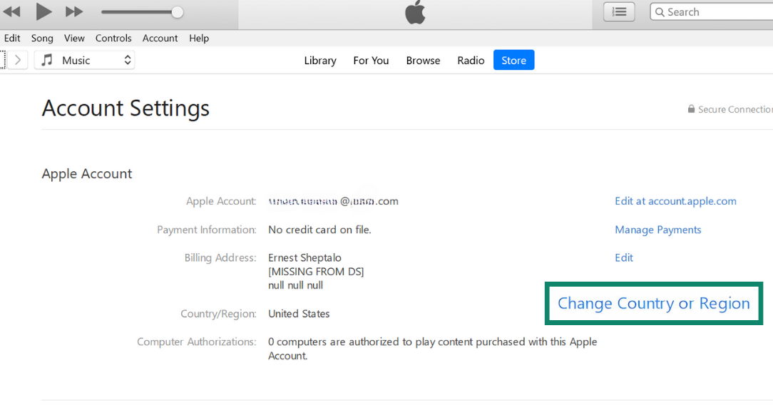 iTunes interface with the "Change Country or Region" option highlighted.