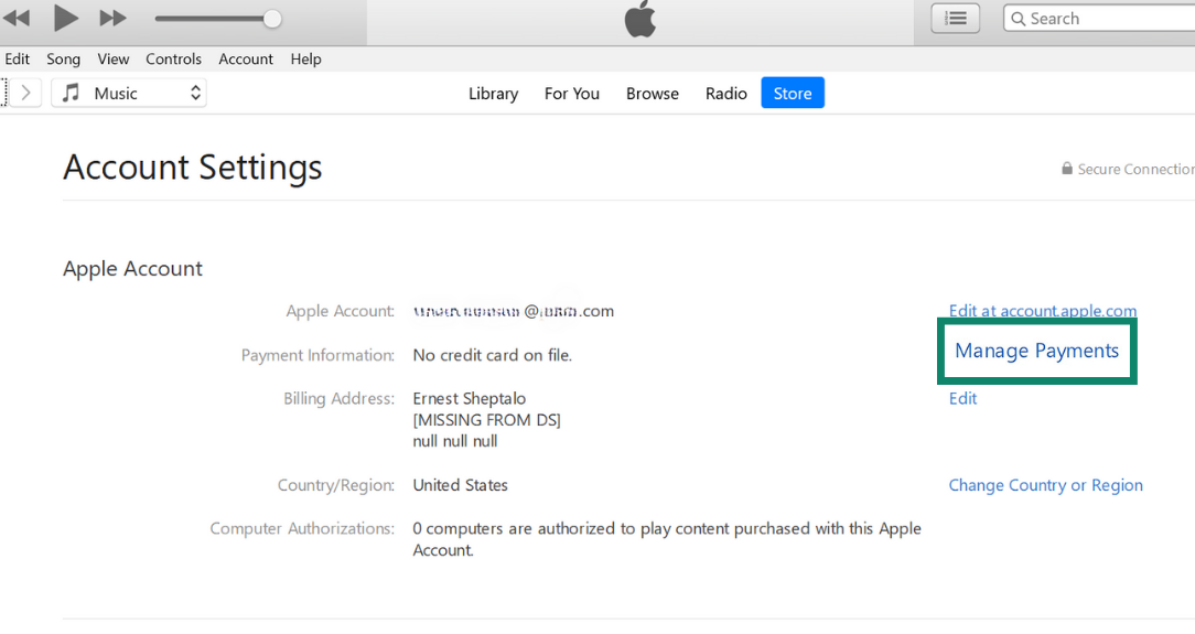 iTunes interface with the "Manage Payments" option highlighted.