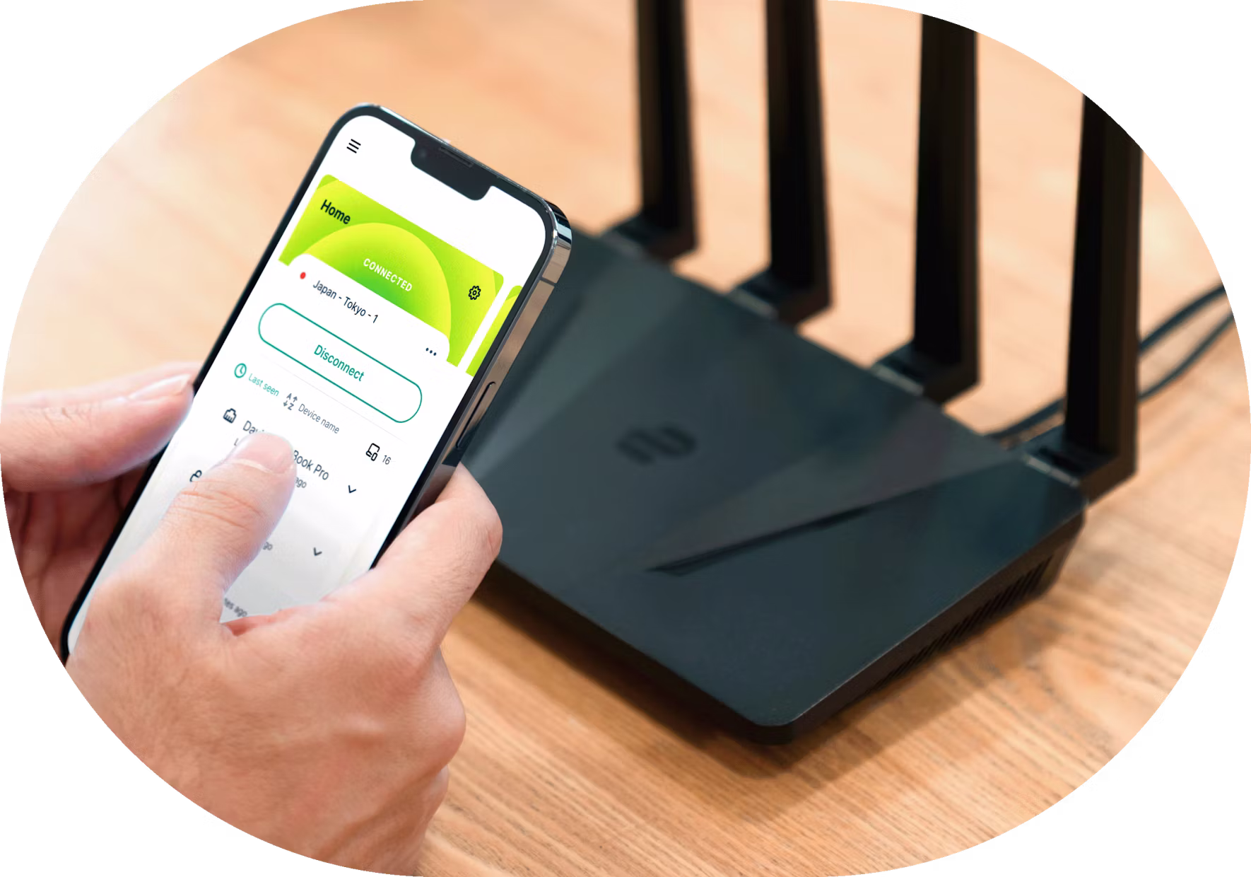 Ruter-app UI + Aircove i bakgrunnen
