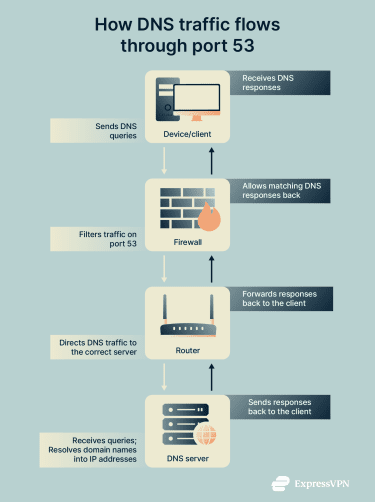 Alt text: How DNS traffic flows through Port 53 in a network system.